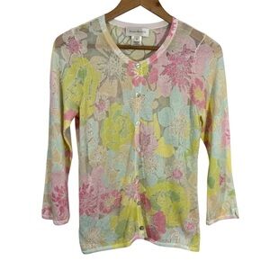 Vtg Susan Bristol Beaded Floral Cardigan Sz S Pastel Sheer Button Up Sweater EUC